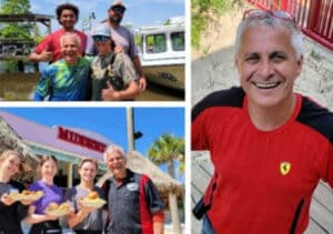 A collage of four images shows a smiling man with gray hair in different settings, including with a group by a boat, with restaurant staff holding plates, and posing outdoors in a red shirt.