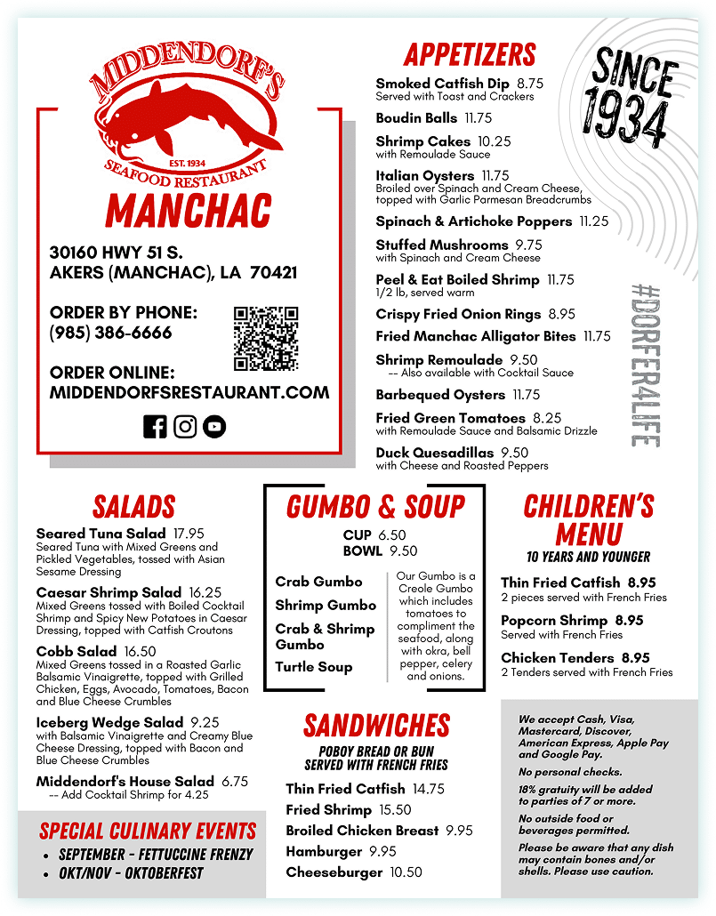 Menu for Middendorf's Restaurant in Manchac, listing appetizers, salads, gumbo, sandwiches, and children's options since 1934.