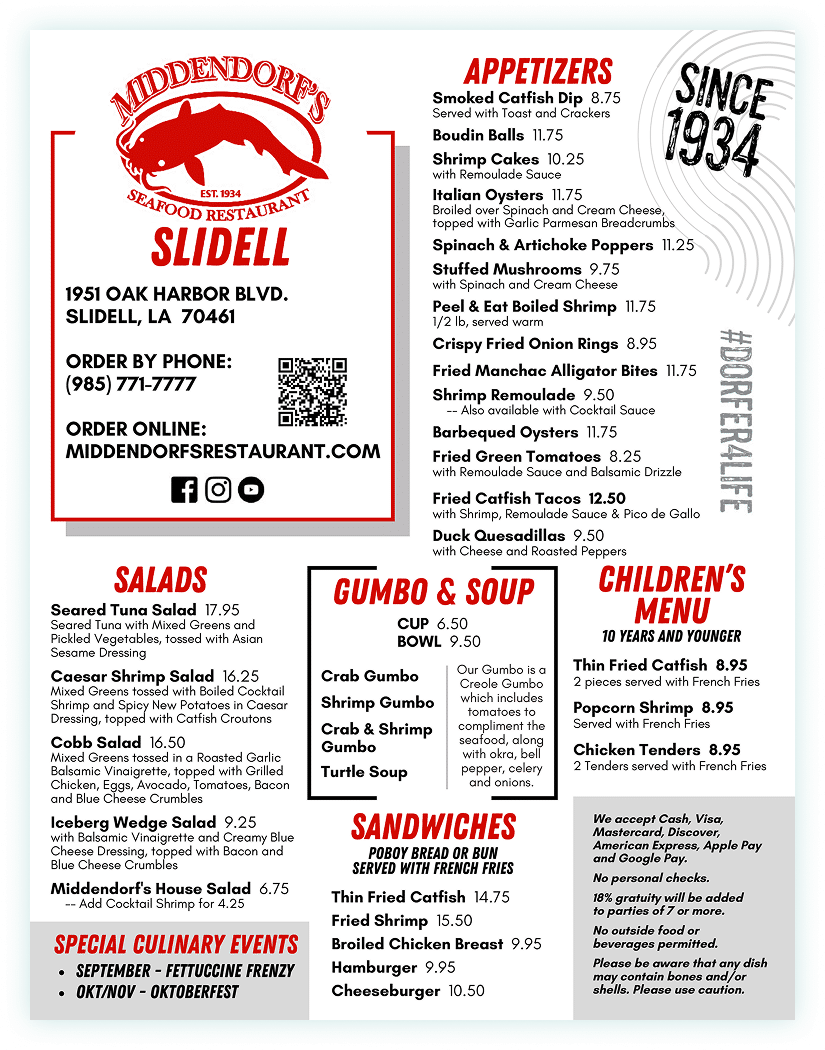 Middendorfs seafood restaurant menu featuring appetizers, salads, gumbo, sandwiches, and children's options in Slidell, Louisiana.