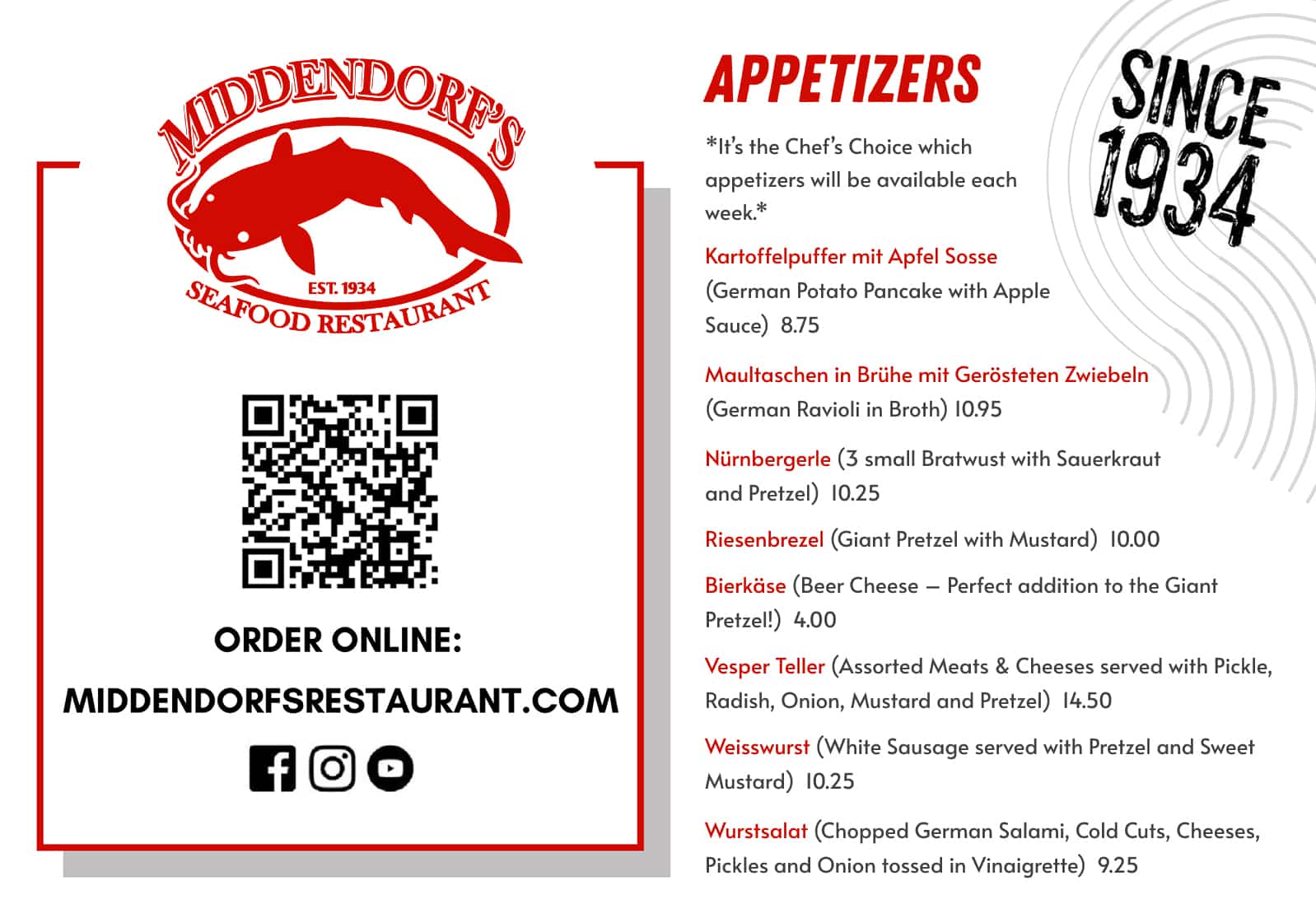 Menu highlighting appetizers from Middendorf's Seafood Restaurant, established in 1934, including descriptions and prices.