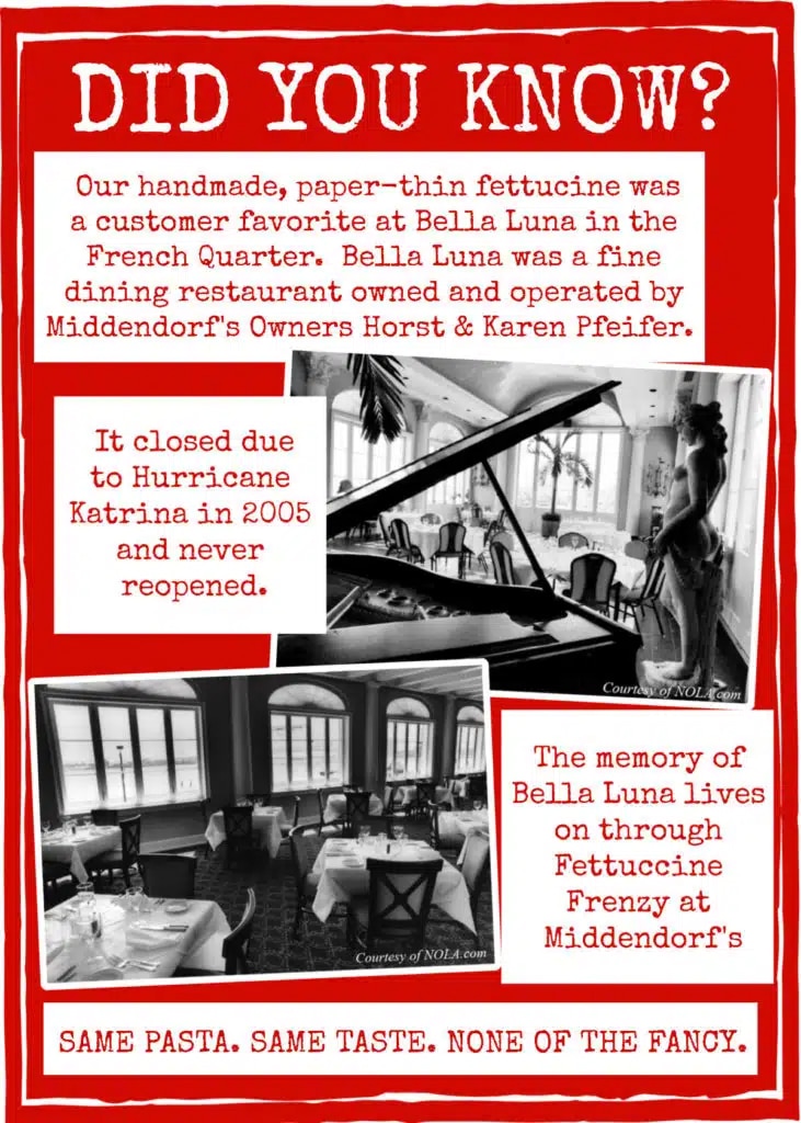 Red and white graphic with text about Bella Luna, a closed French Quarter restaurant affected by Hurricane Katrina, featuring photos of pasta and a piano.