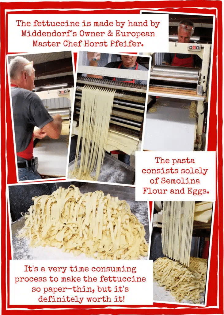 Collage showing a chef making fettuccine by hand using a pasta machine. Text describes the process and ingredients: semolina flour and eggs.