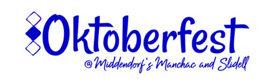 Text logo for "Oktoberfest" at Middendorf's Manchac and Slidell, featuring bold blue lettering and decorative elements.