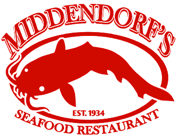 Red logo for Middendorf's Seafood Restaurant featuring a catfish illustration, the text 