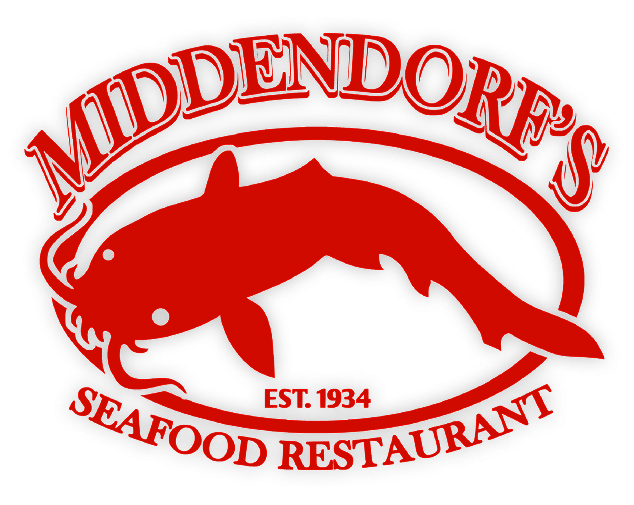 Red logo for Middendorf's Seafood Restaurant, established 1934, featuring a catfish illustration and bold text above and below the image.