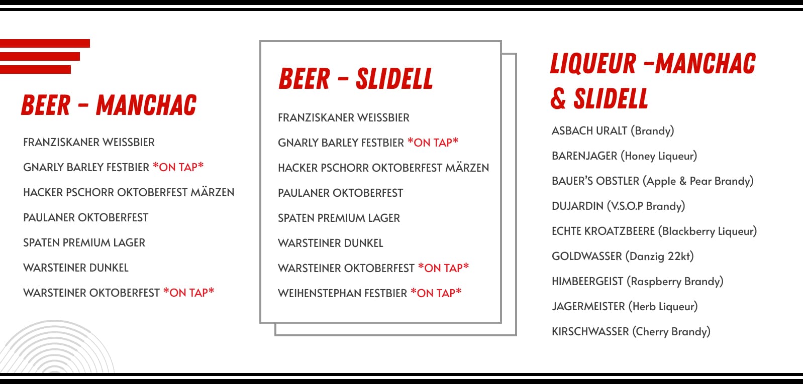Menu listing beer and liqueur options available at Manchac and Slidell locations, with some beers labeled